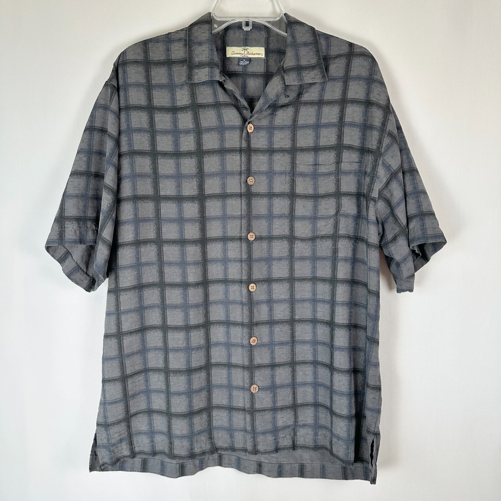 Tommy Bahama 100% Silk Shirt Mens M Gray Black Plaid Button-Up Camp Shirt Preppy